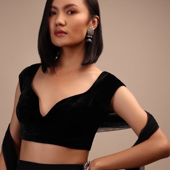 Black Velvet Blouse With Cap Sleeves For Women - Picture 1 of 4